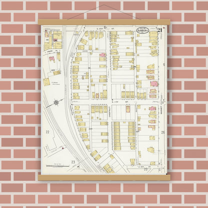 Old map wall art mockup — magnetic wood frame on brick wall — Sanborn Fire Insurance Map from Sunbury, Northumberland County, Pennsylvania (1918), Sheet #0021