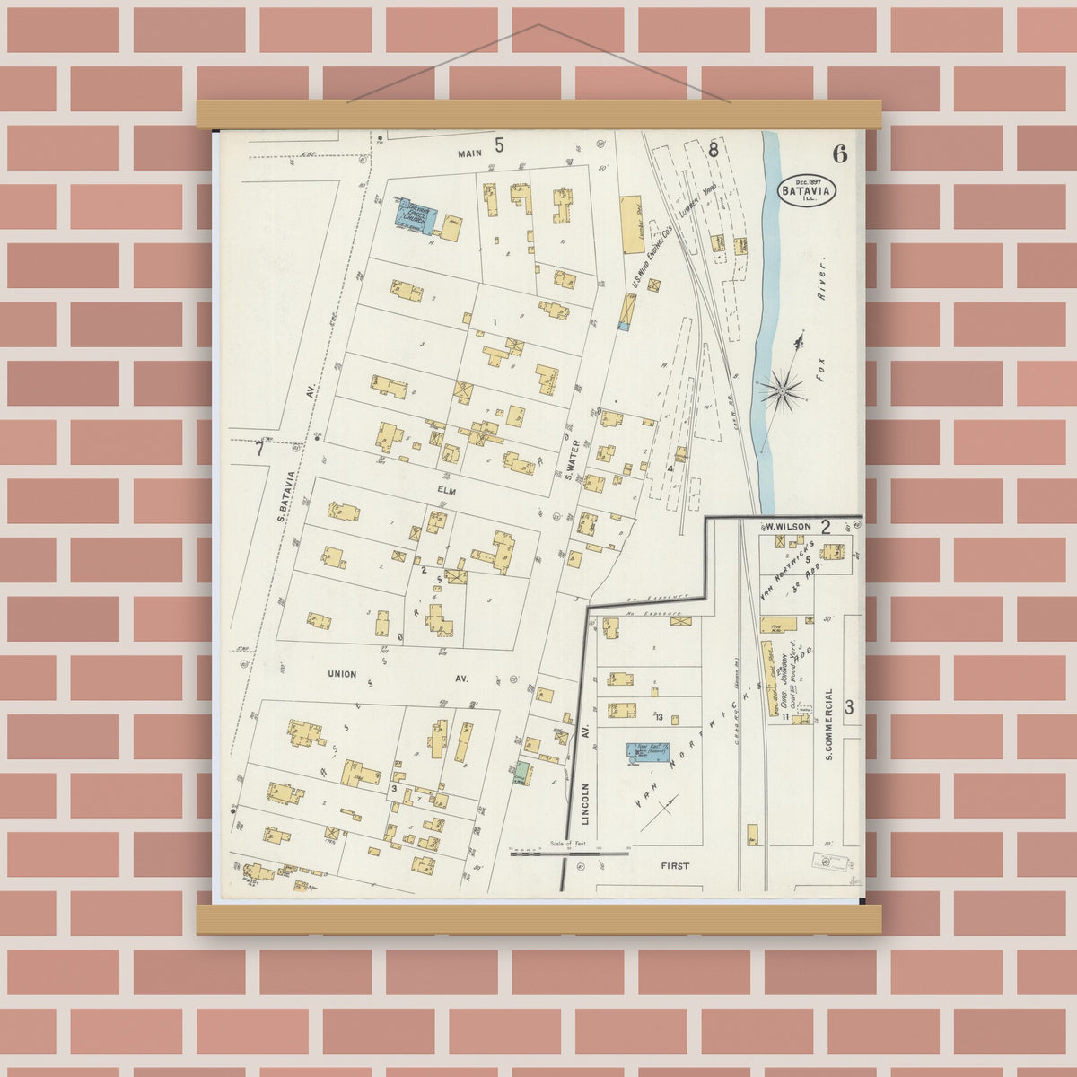 Old map wall art mockup — magnetic wood frame on brick wall — Sanborn Fire Insurance Map from Batavia, Kane County, Illinois (1897), Sheet #0006