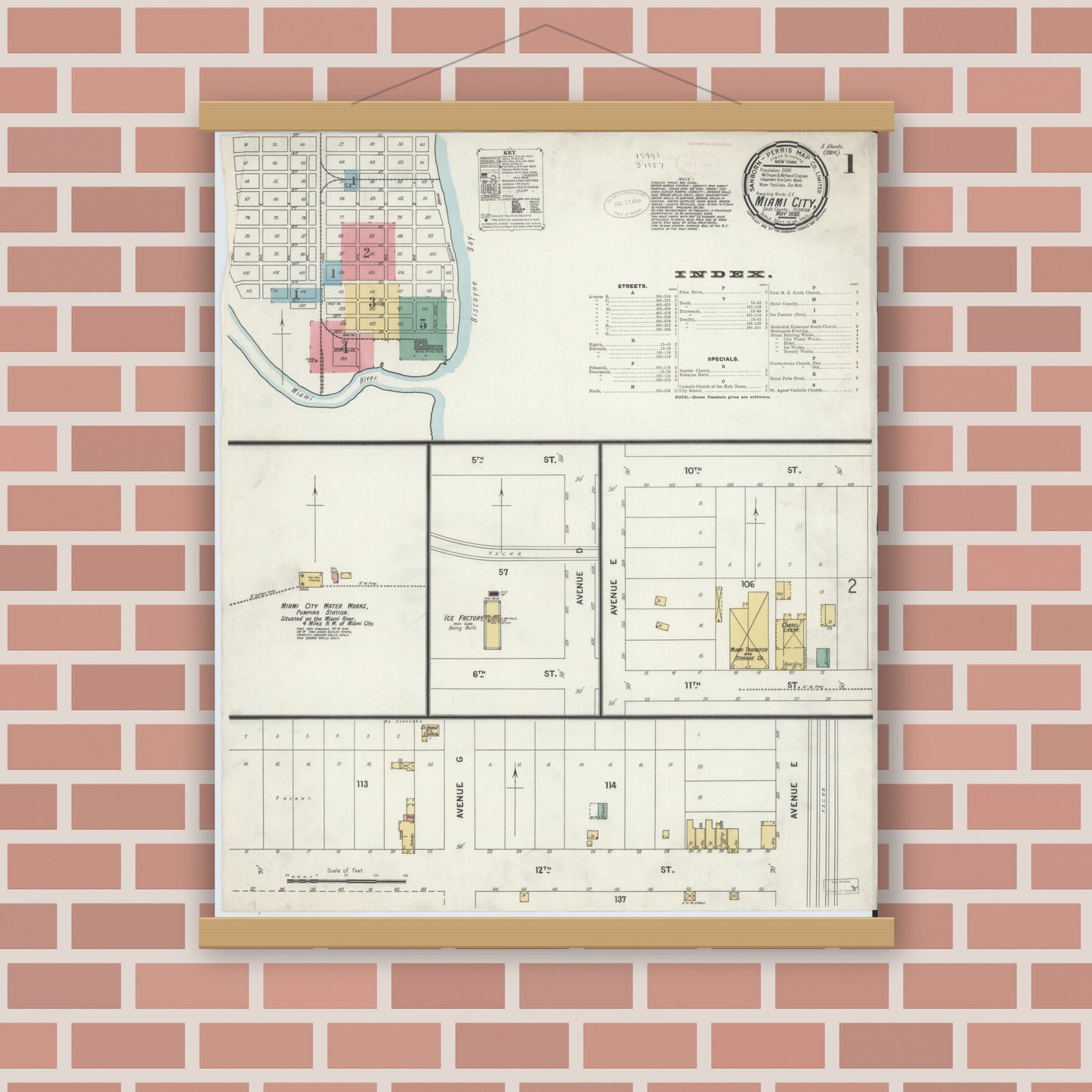 Old map wall art mockup — magnetic wood frame on brick wall — Sanborn Fire Insurance Map from Miami, Dade County, Florida (1899) - Complete Map Set