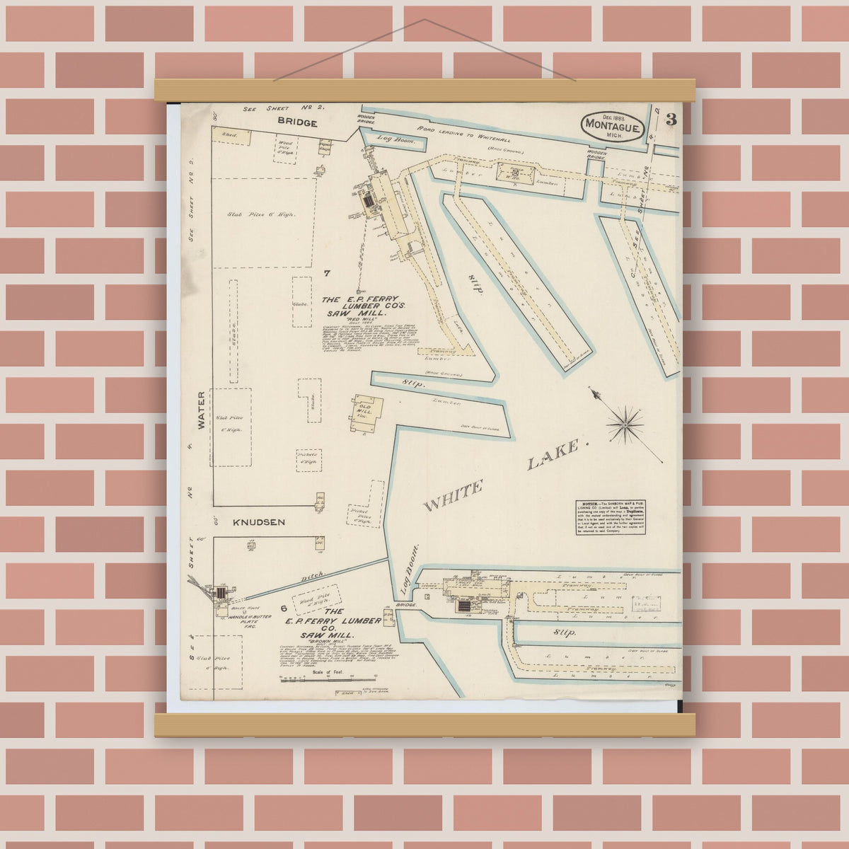 Old map wall art mockup — magnetic wood frame on brick wall — Sanborn Fire Insurance Map from Montague, Muskegon County, Michigan (1883), Sheet #0003