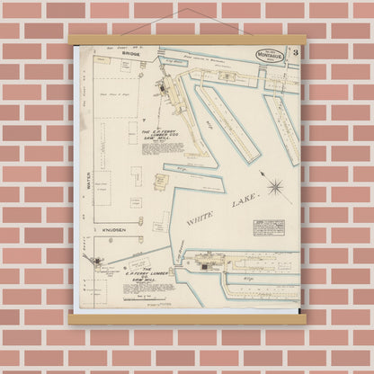 Old map wall art mockup — magnetic wood frame on brick wall — Sanborn Fire Insurance Map from Montague, Muskegon County, Michigan (1883), Sheet #0003