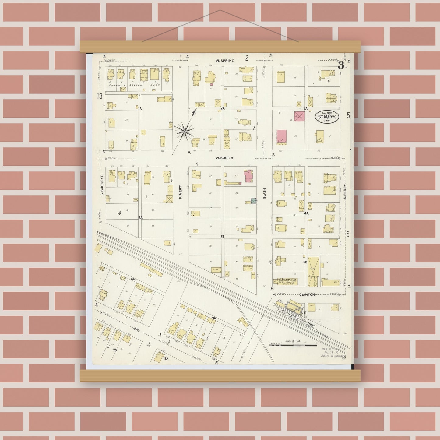 Old map wall art mockup — magnetic wood frame on brick wall — Sanborn Fire Insurance Map from Saint Marys, Auglaize County, Ohio (1907), Sheet #0003