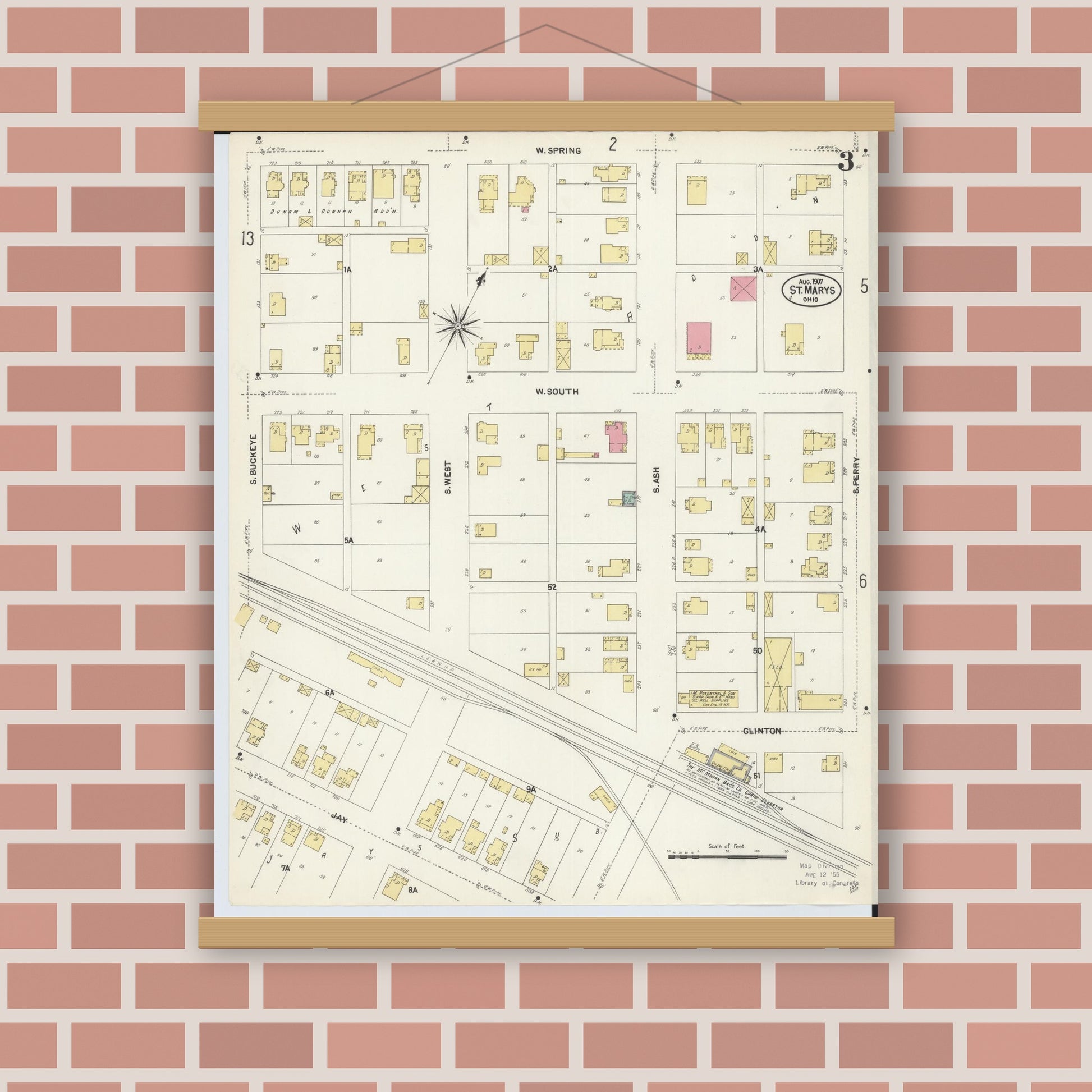 Old map wall art mockup — magnetic wood frame on brick wall — Sanborn Fire Insurance Map from Saint Marys, Auglaize County, Ohio (1907), Sheet #0003