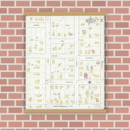 Old map wall art mockup — magnetic wood frame on brick wall — Sanborn Fire Insurance Map from Spring Valley, Fillmore County, Minnesota (1915), Sheet #0002