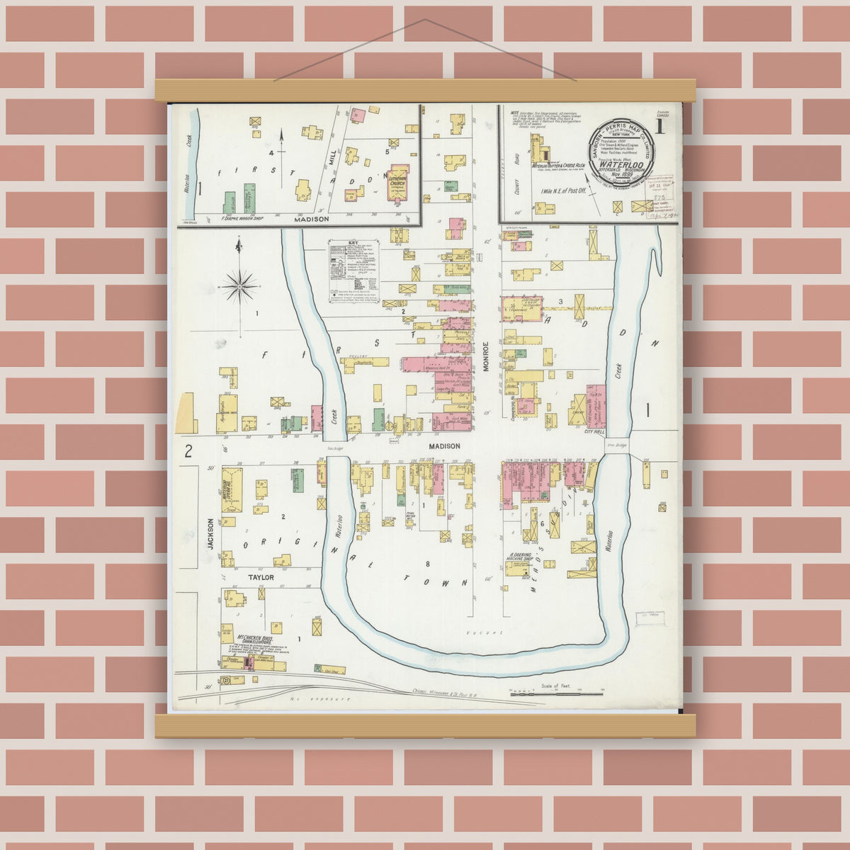 Old map wall art mockup — magnetic wood frame on brick wall — Sanborn Fire Insurance Map from Waterloo, Jefferson County, Wisconsin (1899) - Complete Map Set