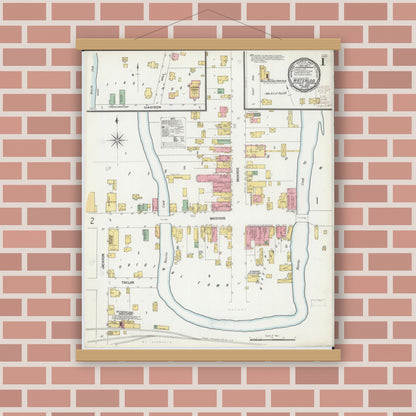 Old map wall art mockup — magnetic wood frame on brick wall — Sanborn Fire Insurance Map from Waterloo, Jefferson County, Wisconsin (1899) - Complete Map Set