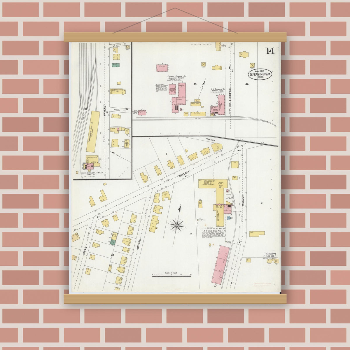Old map wall art mockup — magnetic wood frame on brick wall — Sanborn Fire Insurance Map from South Farmington, Middlesex County, Massachusetts (1903), Sheet #0014