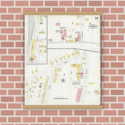 Old map wall art mockup — magnetic wood frame on brick wall — Sanborn Fire Insurance Map from South Farmington, Middlesex County, Massachusetts (1903), Sheet #0014