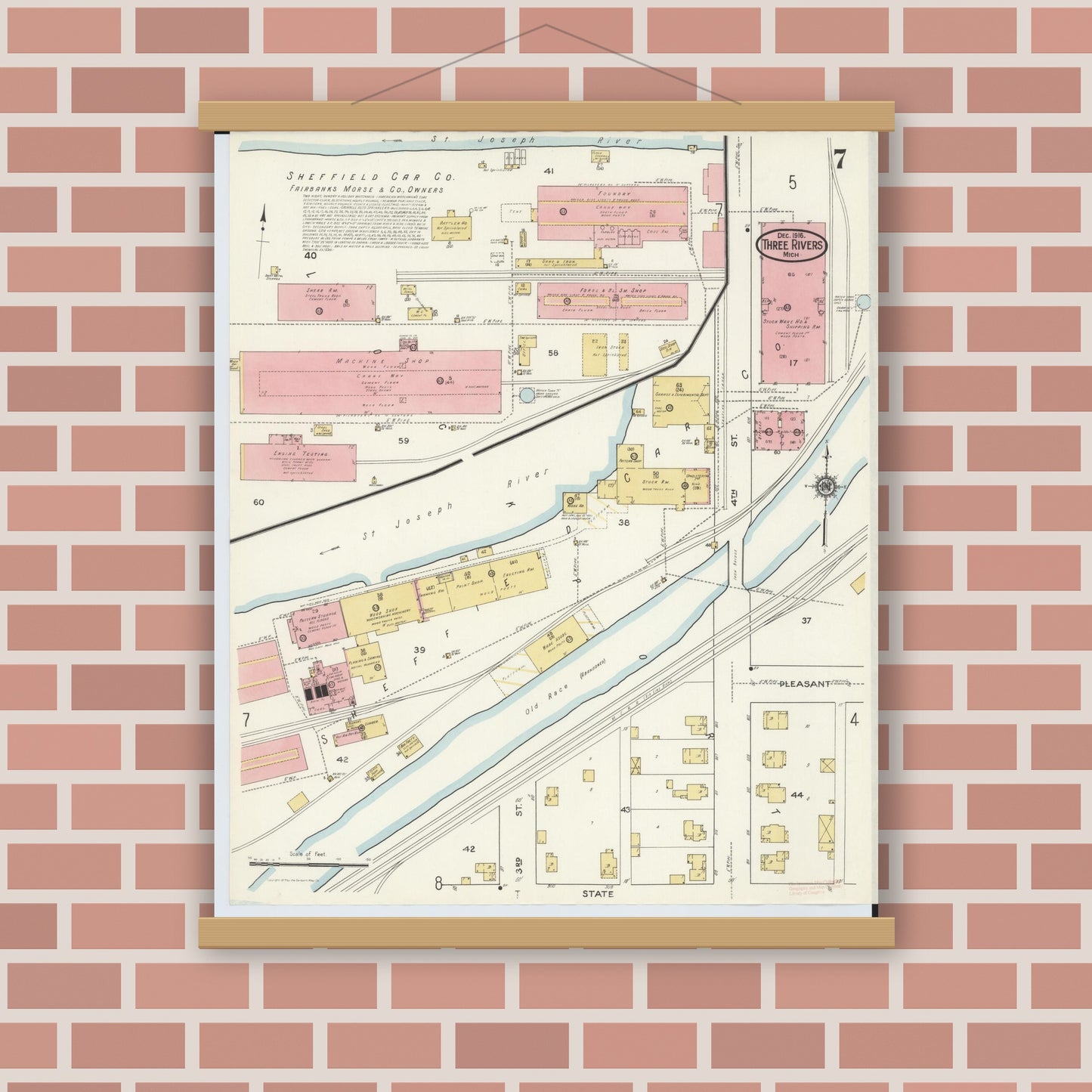Old map wall art mockup — magnetic wood frame on brick wall — Sanborn Fire Insurance Map from Three Rivers, Saint Joseph County, Michigan (1916), Sheet #0007