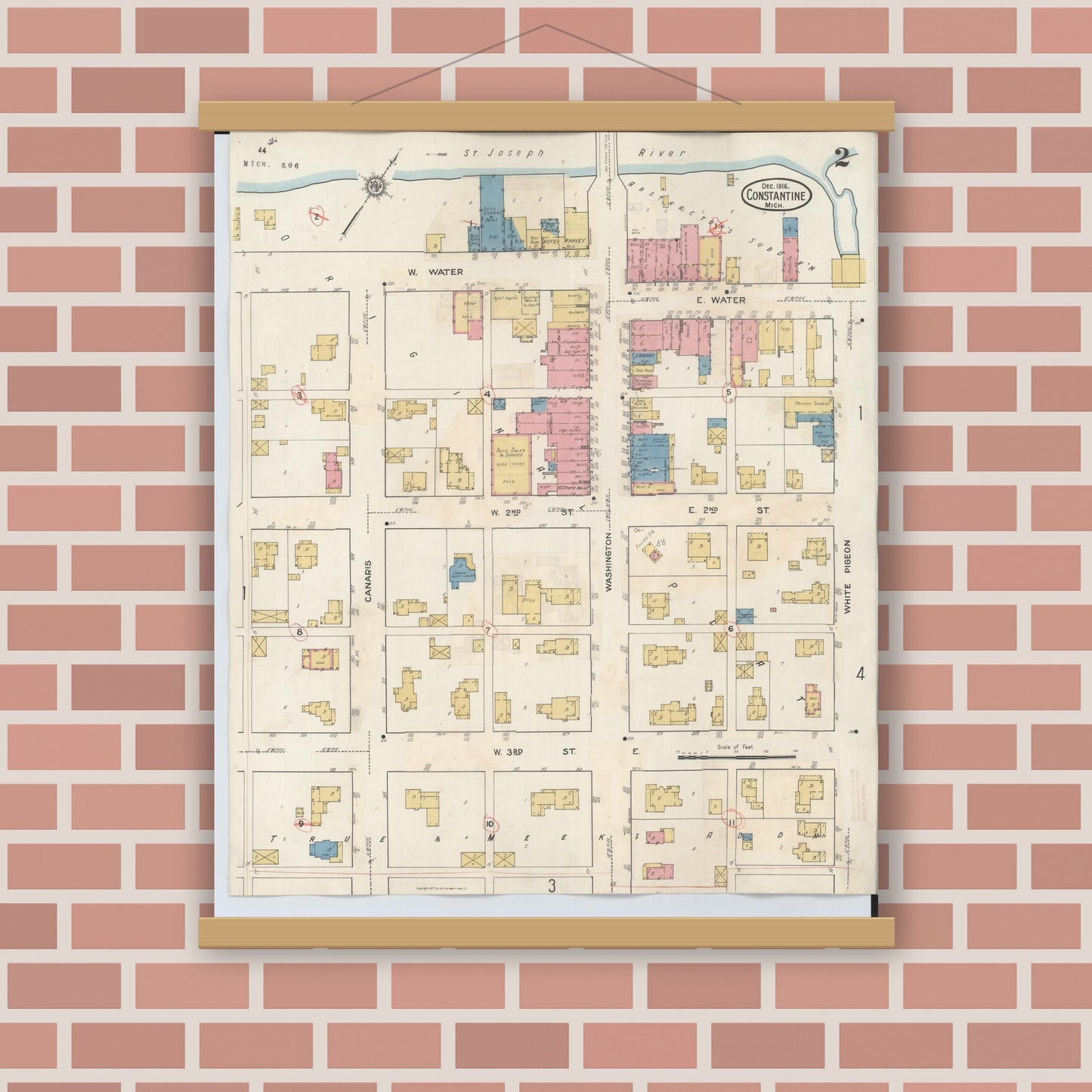 Old map wall art mockup — magnetic wood frame on brick wall — Sanborn Fire Insurance Map from Constantine, Saint Joseph County, Michigan (1932), Sheet #0002