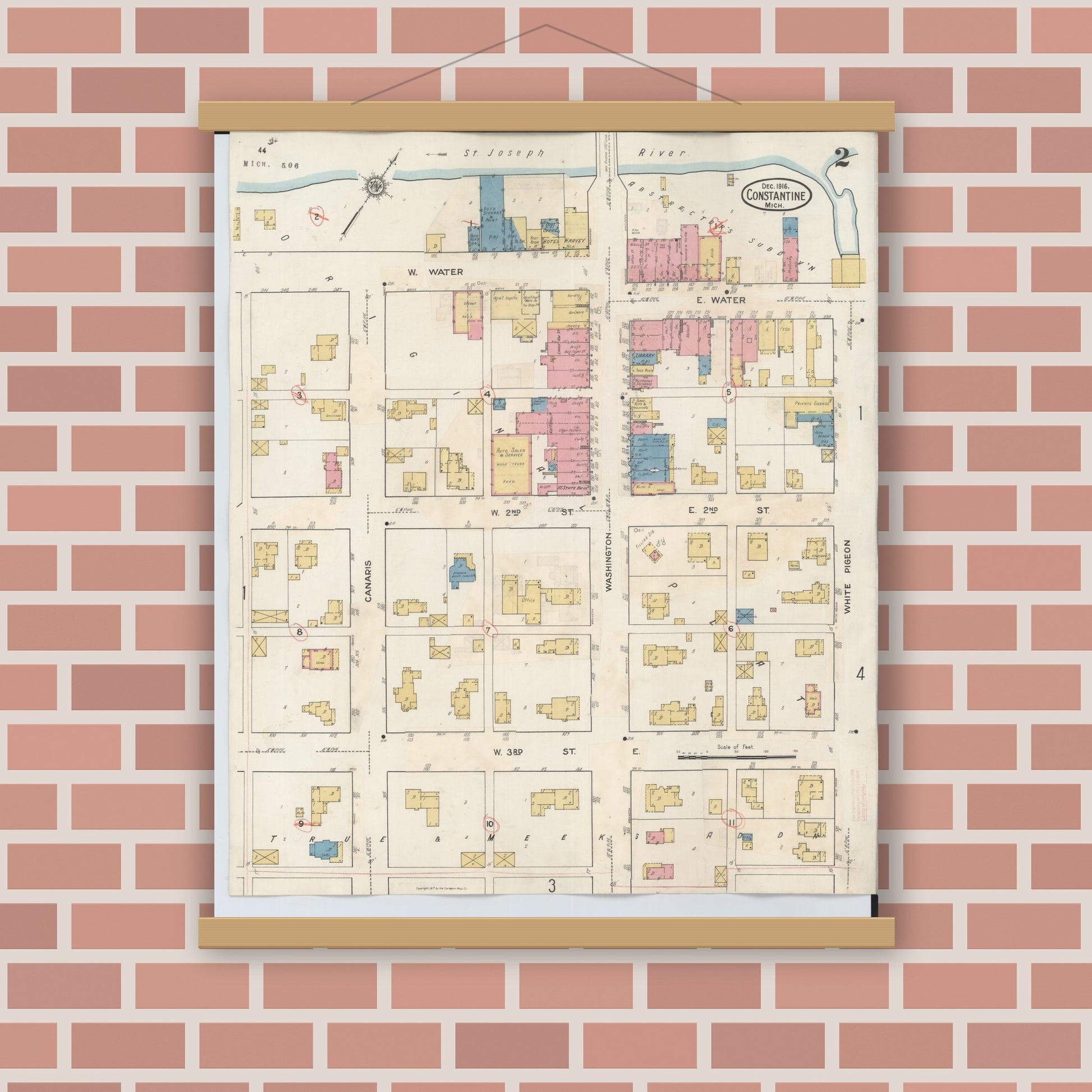 Old map wall art mockup — magnetic wood frame on brick wall — Sanborn Fire Insurance Map from Constantine, Saint Joseph County, Michigan (1932), Sheet #0002