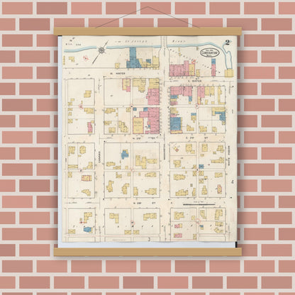 Old map wall art mockup — magnetic wood frame on brick wall — Sanborn Fire Insurance Map from Constantine, Saint Joseph County, Michigan (1932), Sheet #0002
