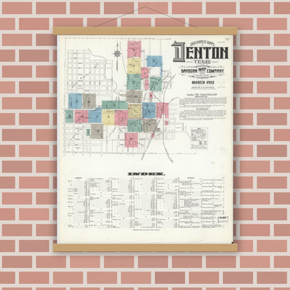 Old map wall art mockup — magnetic wood frame on brick wall — Sanborn Fire Insurance Map from Denton, Denton County, Texas (1912) - Complete Map Set