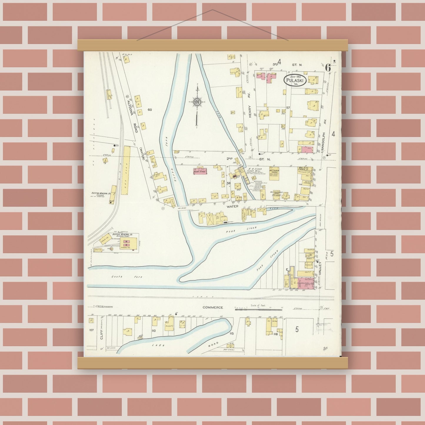 Old map wall art mockup — magnetic wood frame on brick wall — Sanborn Fire Insurance Map from Pulaski, Pulaski County, Virginia (1913), Sheet #0006
