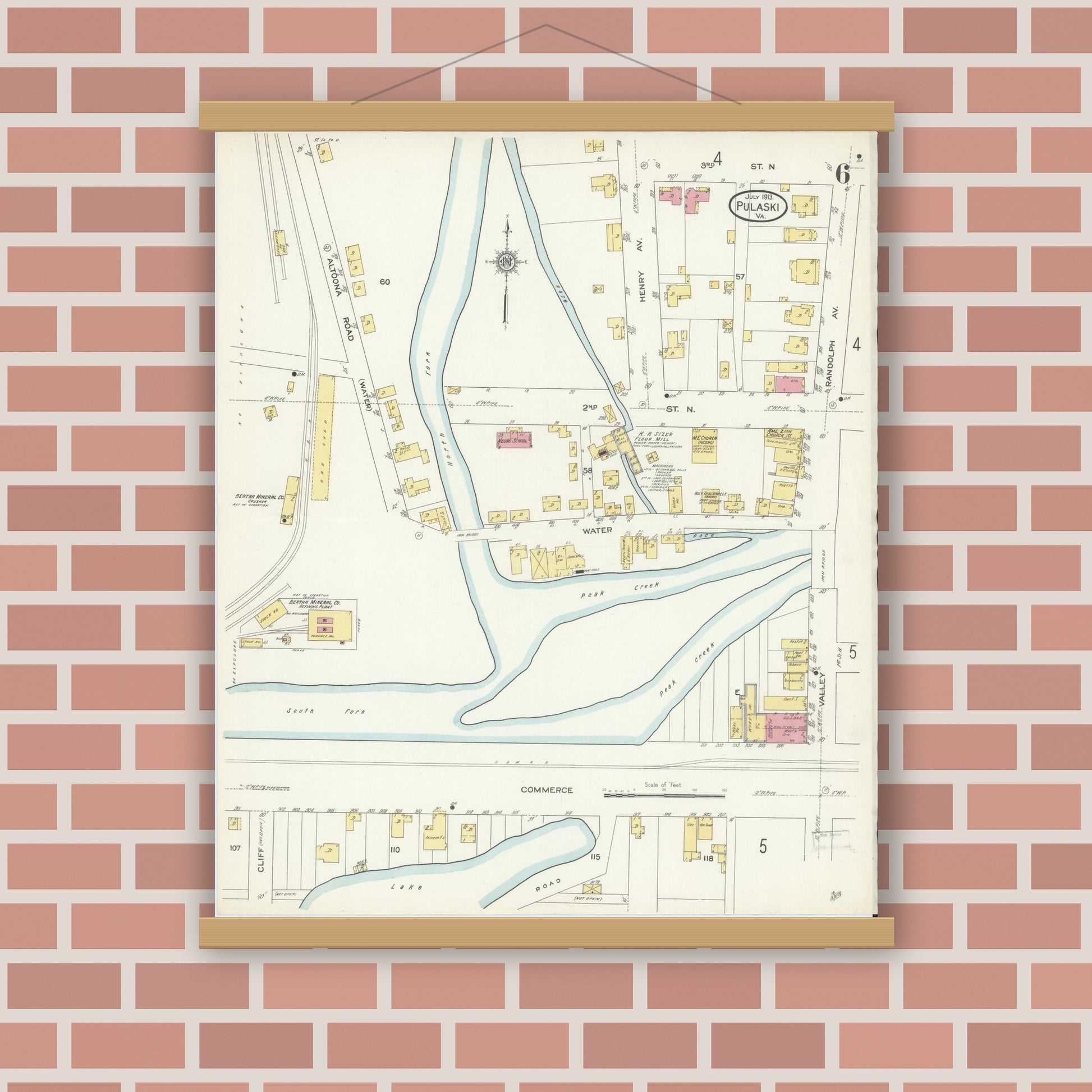 Old map wall art mockup — magnetic wood frame on brick wall — Sanborn Fire Insurance Map from Pulaski, Pulaski County, Virginia (1913), Sheet #0006