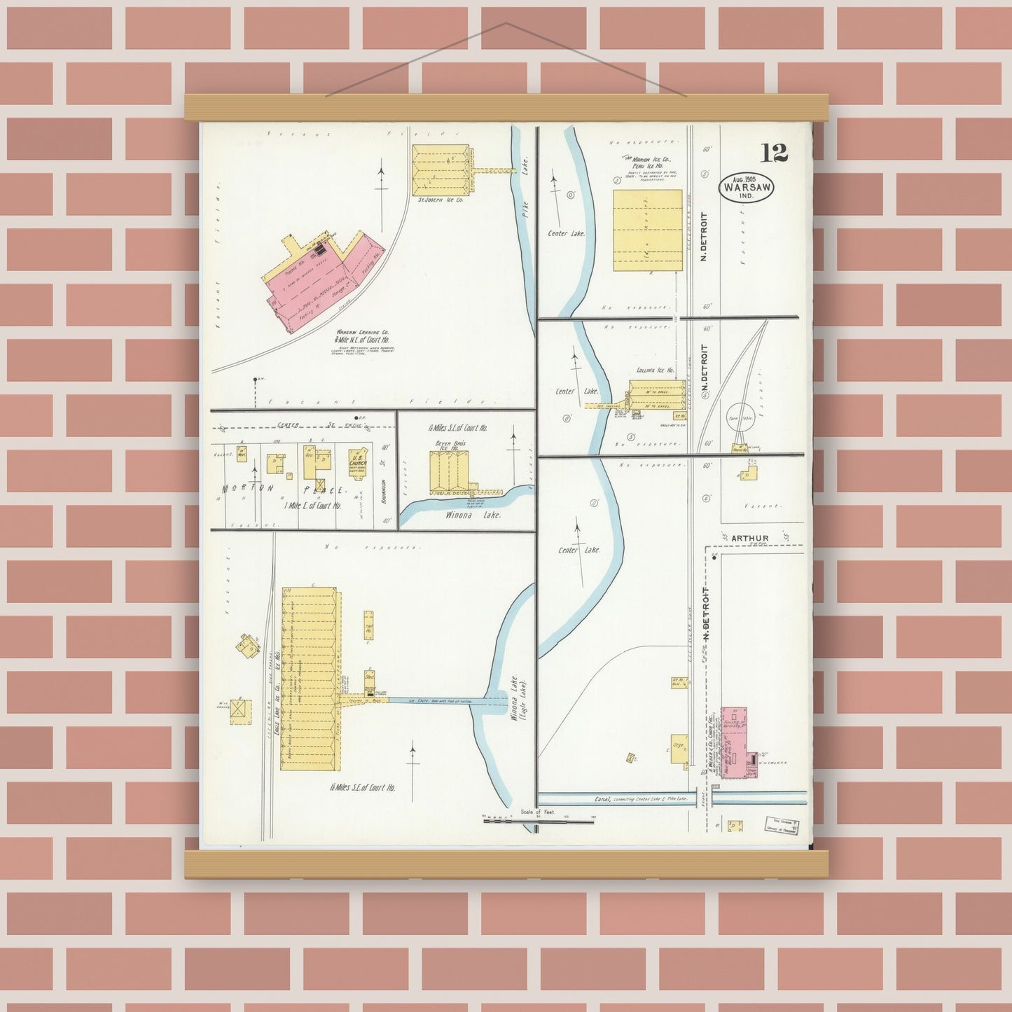 Old map wall art mockup — magnetic wood frame on brick wall — Sanborn Fire Insurance Map from Warsaw, Kosciusko County, Indiana (1905), Sheet #0012