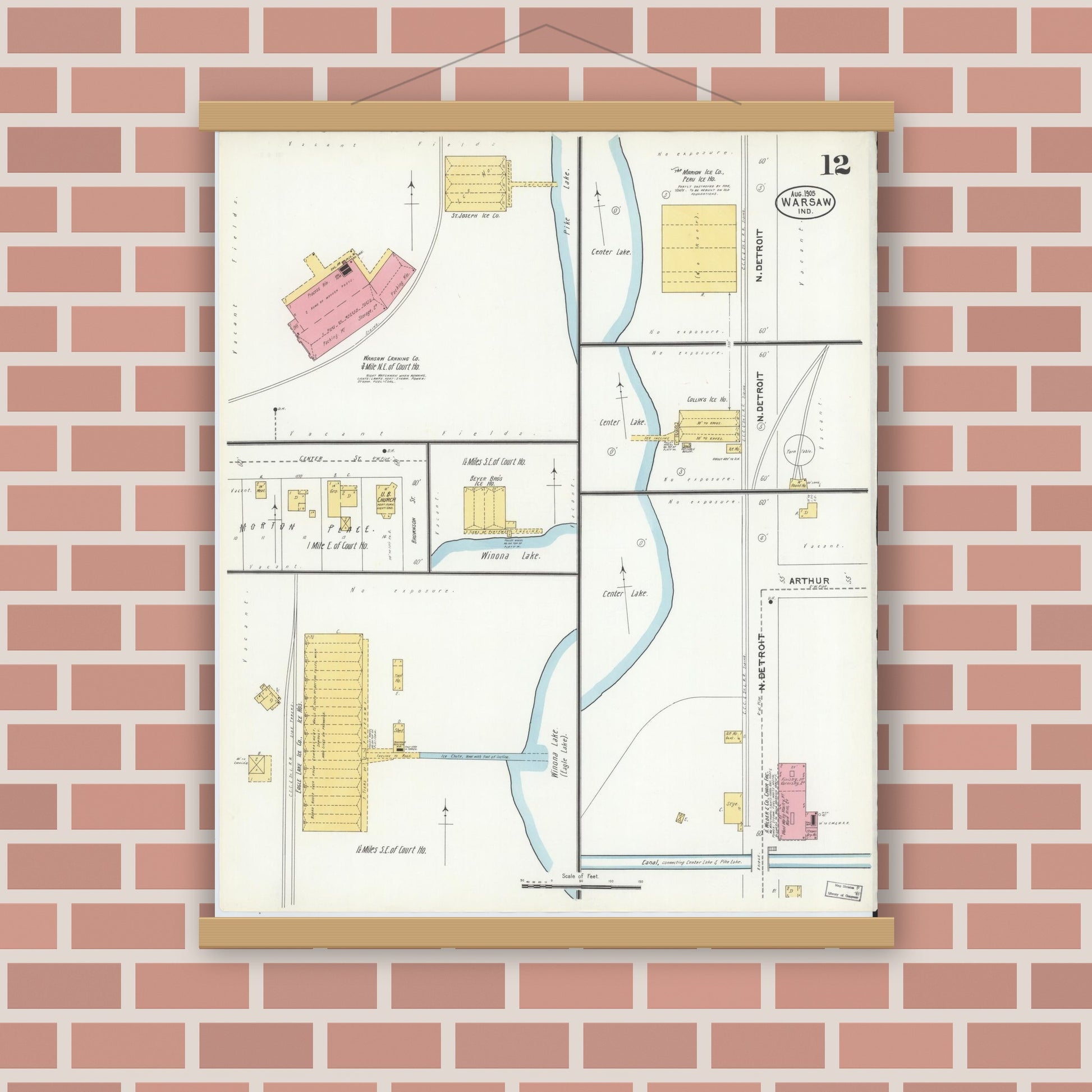 Old map wall art mockup — magnetic wood frame on brick wall — Sanborn Fire Insurance Map from Warsaw, Kosciusko County, Indiana (1905), Sheet #0012