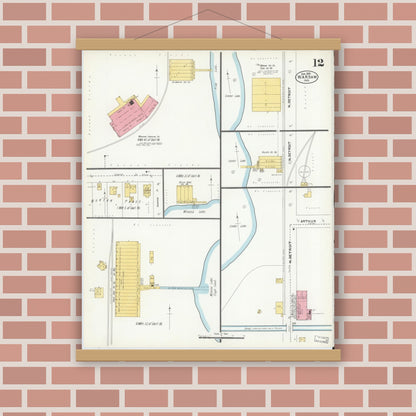 Old map wall art mockup — magnetic wood frame on brick wall — Sanborn Fire Insurance Map from Warsaw, Kosciusko County, Indiana (1905), Sheet #0012