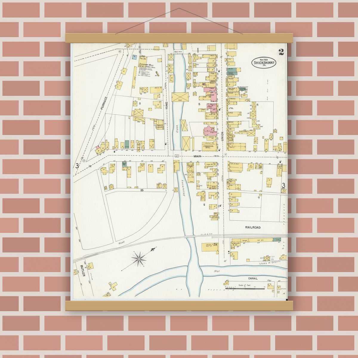 Old map wall art mockup — magnetic wood frame on brick wall — Sanborn Fire Insurance Map from Shickshinny, Luzerne County, Pennsylvania (1901), Sheet #0002