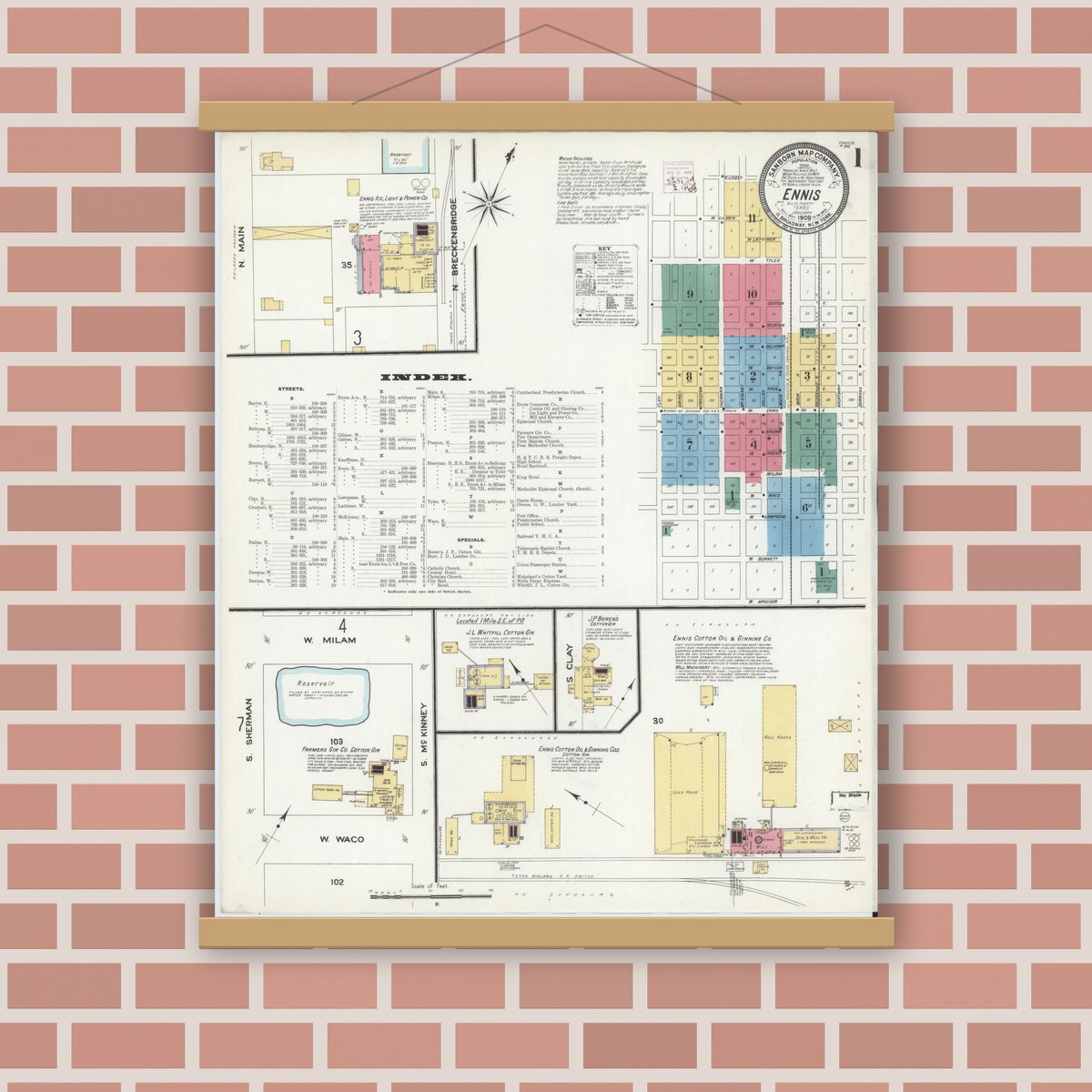 Old map wall art mockup — magnetic wood frame on brick wall — Sanborn Fire Insurance Map from Ennis, Ellis County, Texas (1909) - Complete Map Set