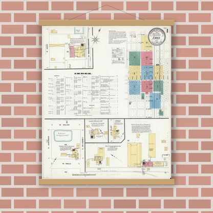 Old map wall art mockup — magnetic wood frame on brick wall — Sanborn Fire Insurance Map from Ennis, Ellis County, Texas (1909) - Complete Map Set