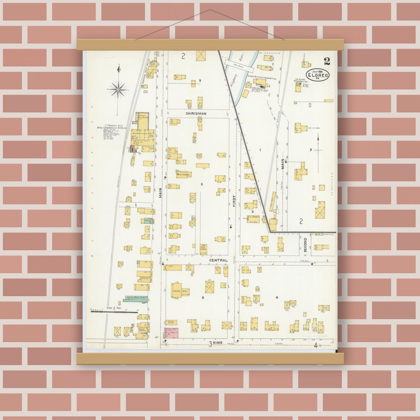 Old map wall art mockup — magnetic wood frame on brick wall — Sanborn Fire Insurance Map from Eldred, McKean County, Pennsylvania (1904), Sheet #0002