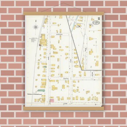 Old map wall art mockup — magnetic wood frame on brick wall — Sanborn Fire Insurance Map from Eldred, McKean County, Pennsylvania (1904), Sheet #0002