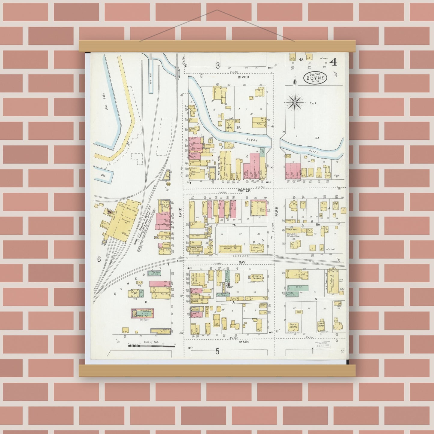 Old map wall art mockup — magnetic wood frame on brick wall — Sanborn Fire Insurance Map from Boyne City, Charlevoix County, Michigan (1905), Sheet #0004