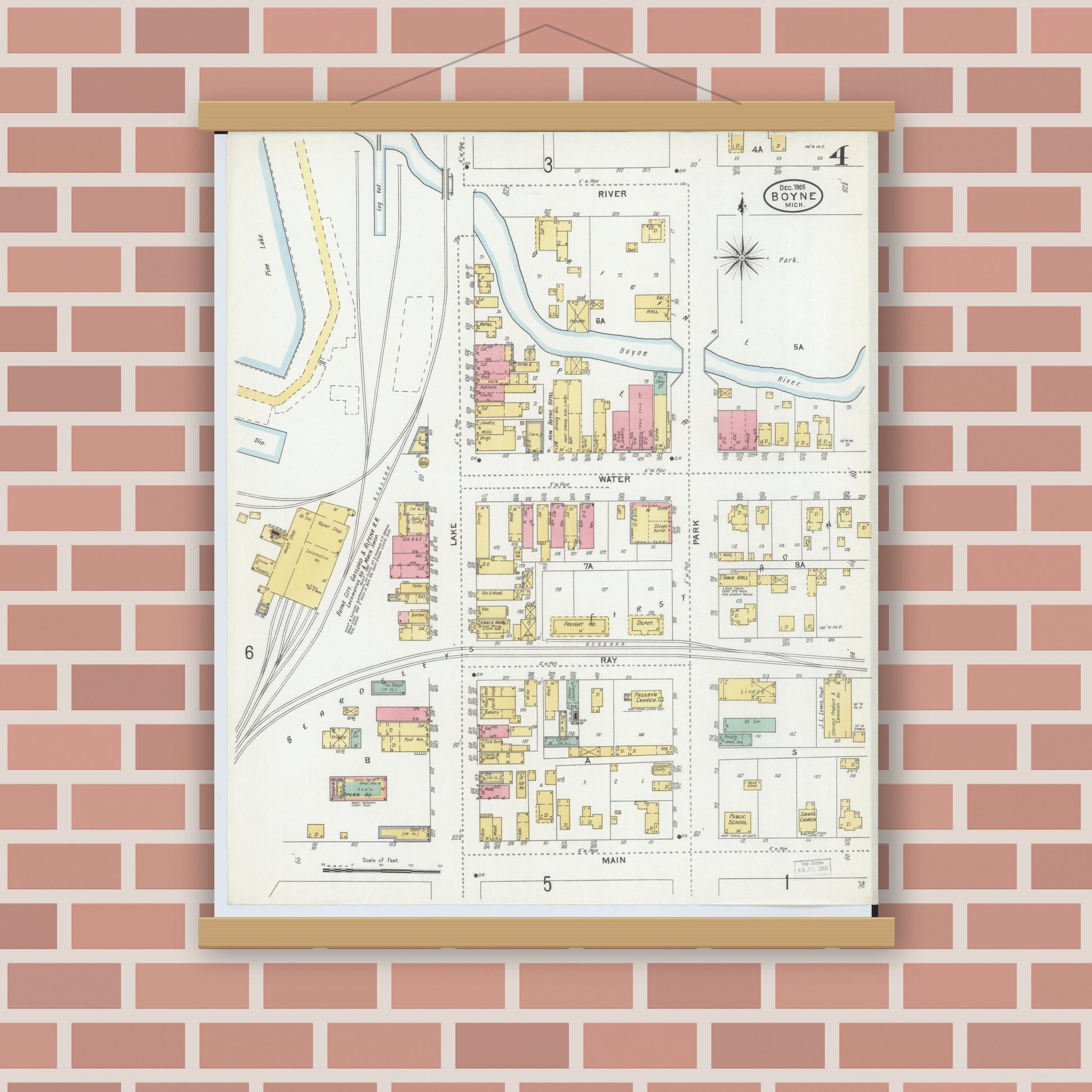 Old map wall art mockup — magnetic wood frame on brick wall — Sanborn Fire Insurance Map from Boyne City, Charlevoix County, Michigan (1905), Sheet #0004