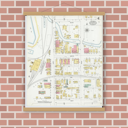 Old map wall art mockup — magnetic wood frame on brick wall — Sanborn Fire Insurance Map from Boyne City, Charlevoix County, Michigan (1905), Sheet #0004