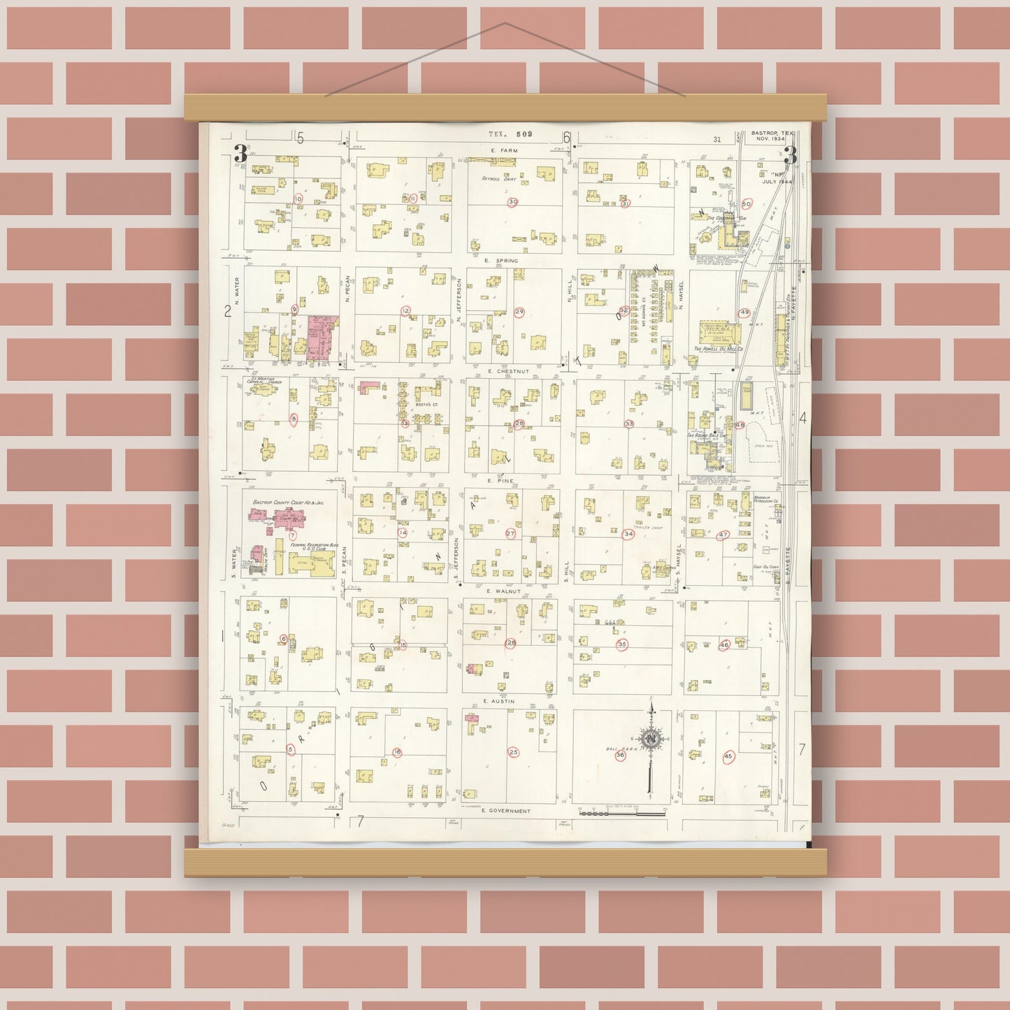 Old map wall art mockup — magnetic wood frame on brick wall — Sanborn Fire Insurance Map from Bastrop, Bastrop County, Texas (1944), Sheet #0003