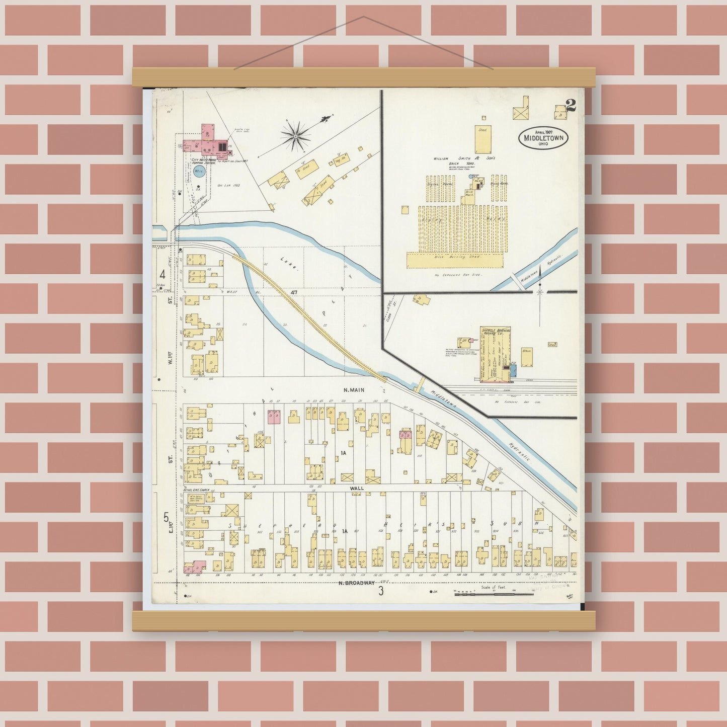 Old map wall art mockup — magnetic wood frame on brick wall — Sanborn Fire Insurance Map from Middletown, Butler County, Ohio (1907), Sheet #0002