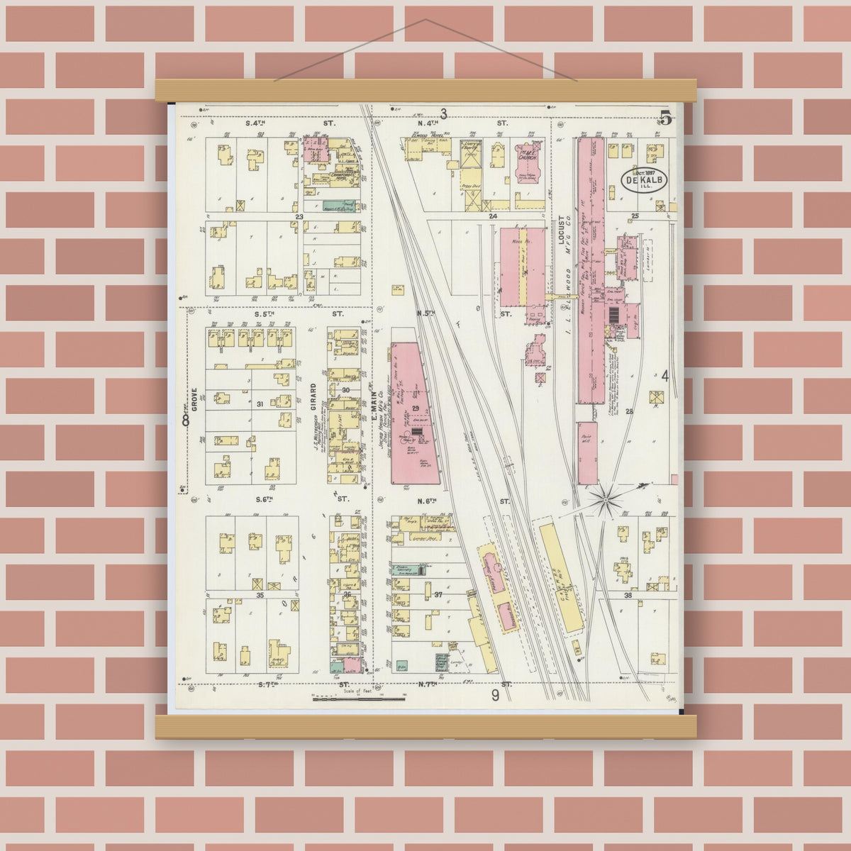 Old map wall art mockup — magnetic wood frame on brick wall — Sanborn Fire Insurance Map from De Kalb, De Kalb County, Illinois (1897), Sheet #0005