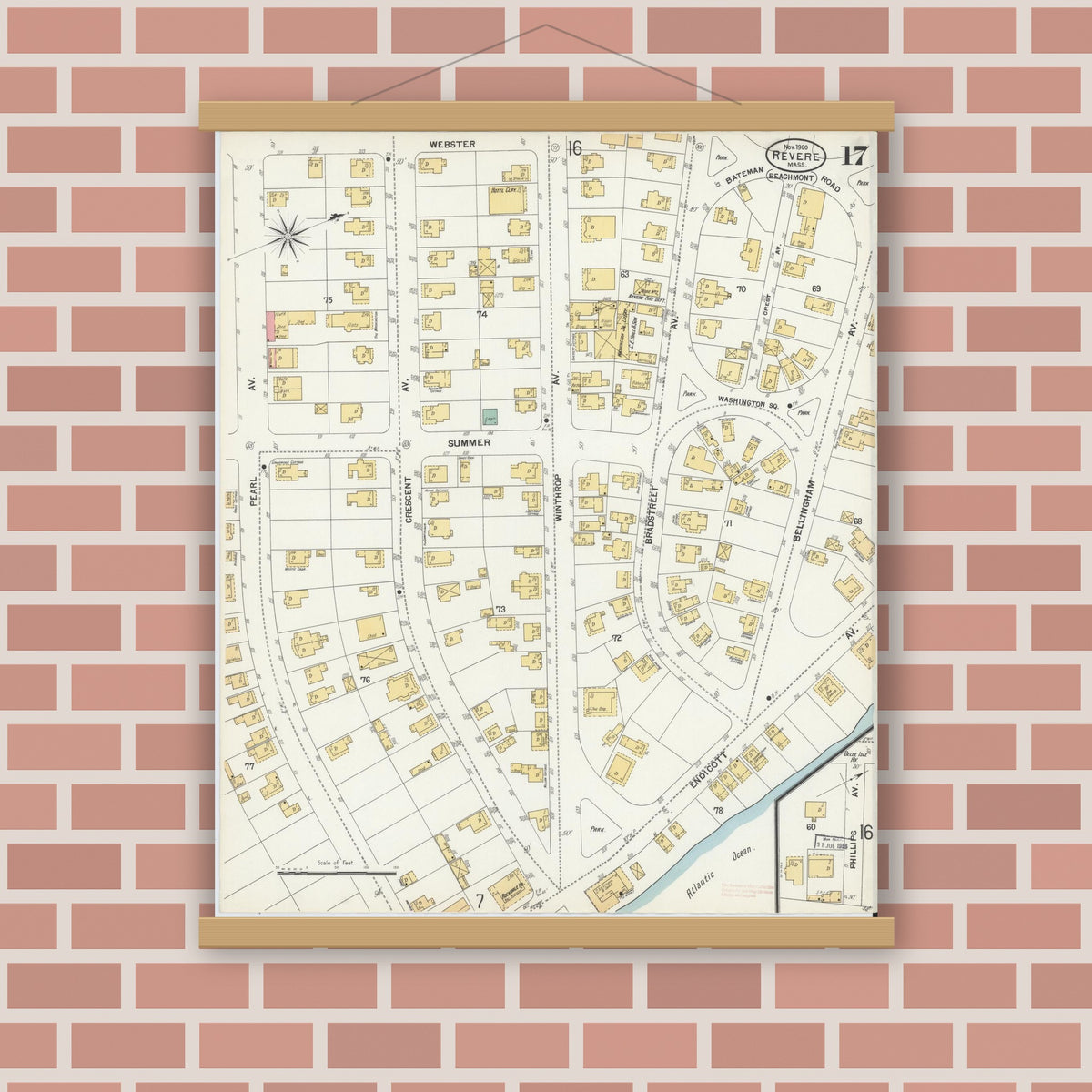 Old map wall art mockup — magnetic wood frame on brick wall — Sanborn Fire Insurance Map from Revere, Suffolk County, Massachusetts (1900), Sheet #0017
