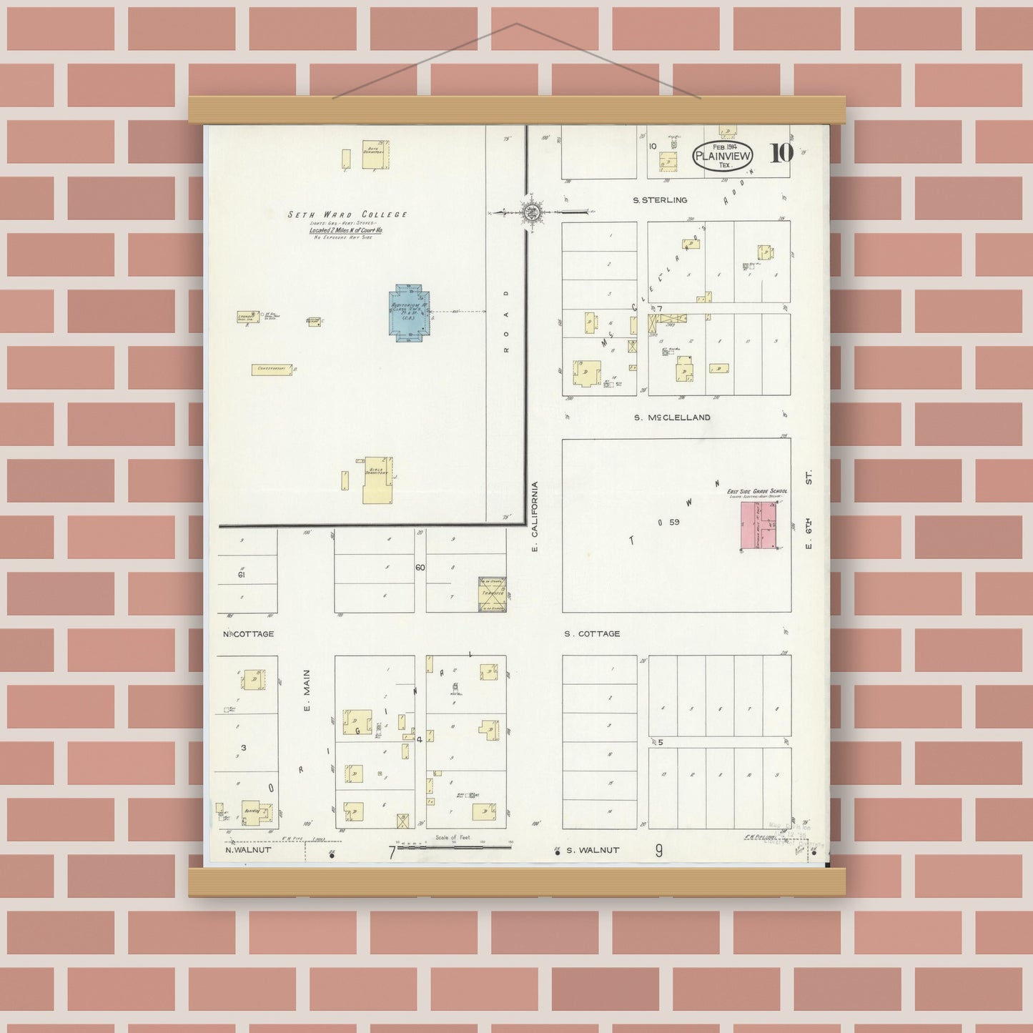 Old map wall art mockup — magnetic wood frame on brick wall — Sanborn Fire Insurance Map from Plainview, Hale County, Texas (1914), Sheet #0010