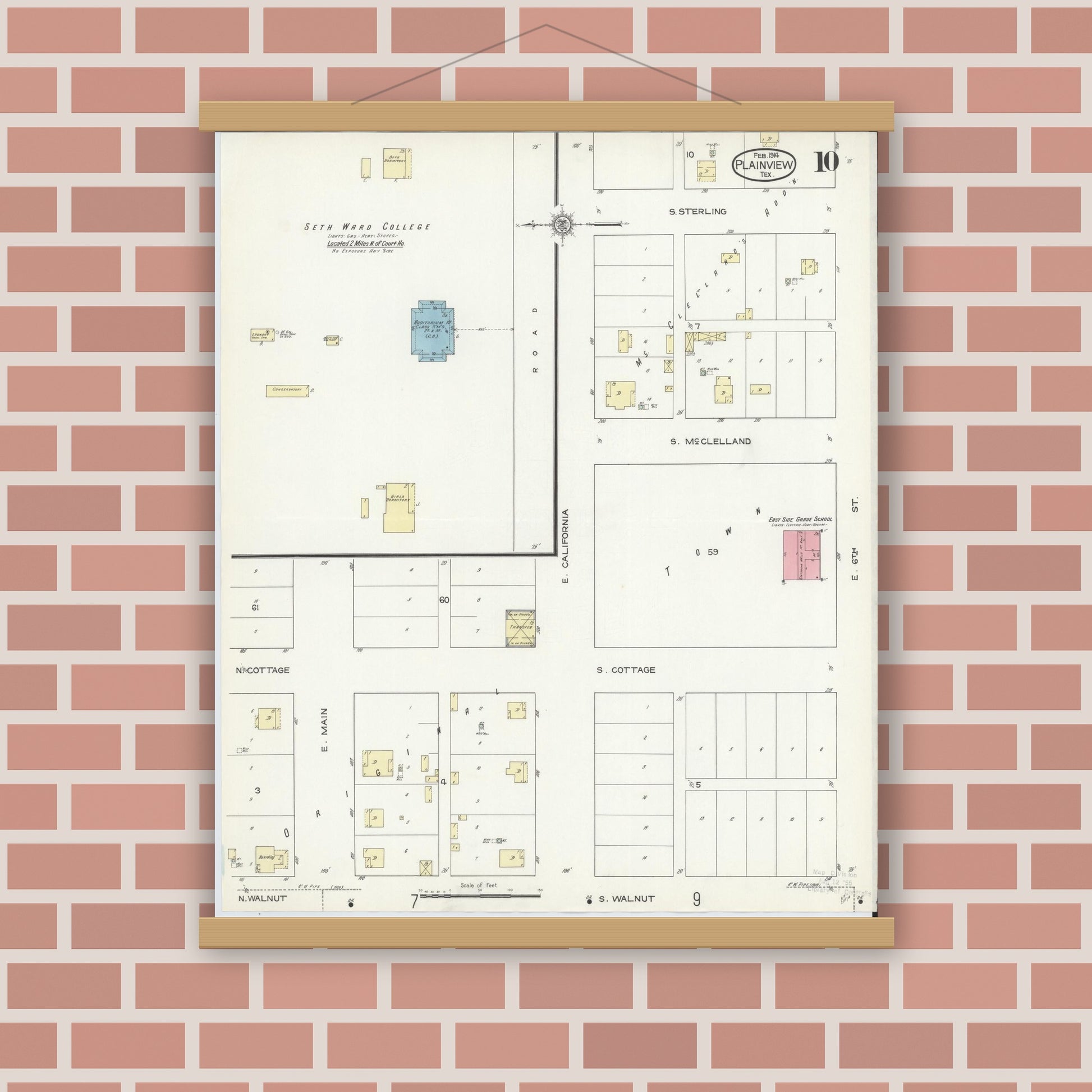 Old map wall art mockup — magnetic wood frame on brick wall — Sanborn Fire Insurance Map from Plainview, Hale County, Texas (1914), Sheet #0010