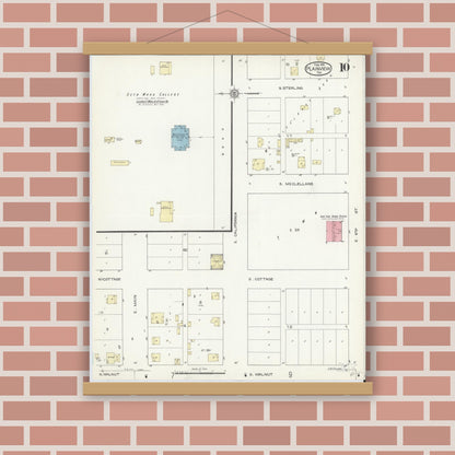Old map wall art mockup — magnetic wood frame on brick wall — Sanborn Fire Insurance Map from Plainview, Hale County, Texas (1914), Sheet #0010