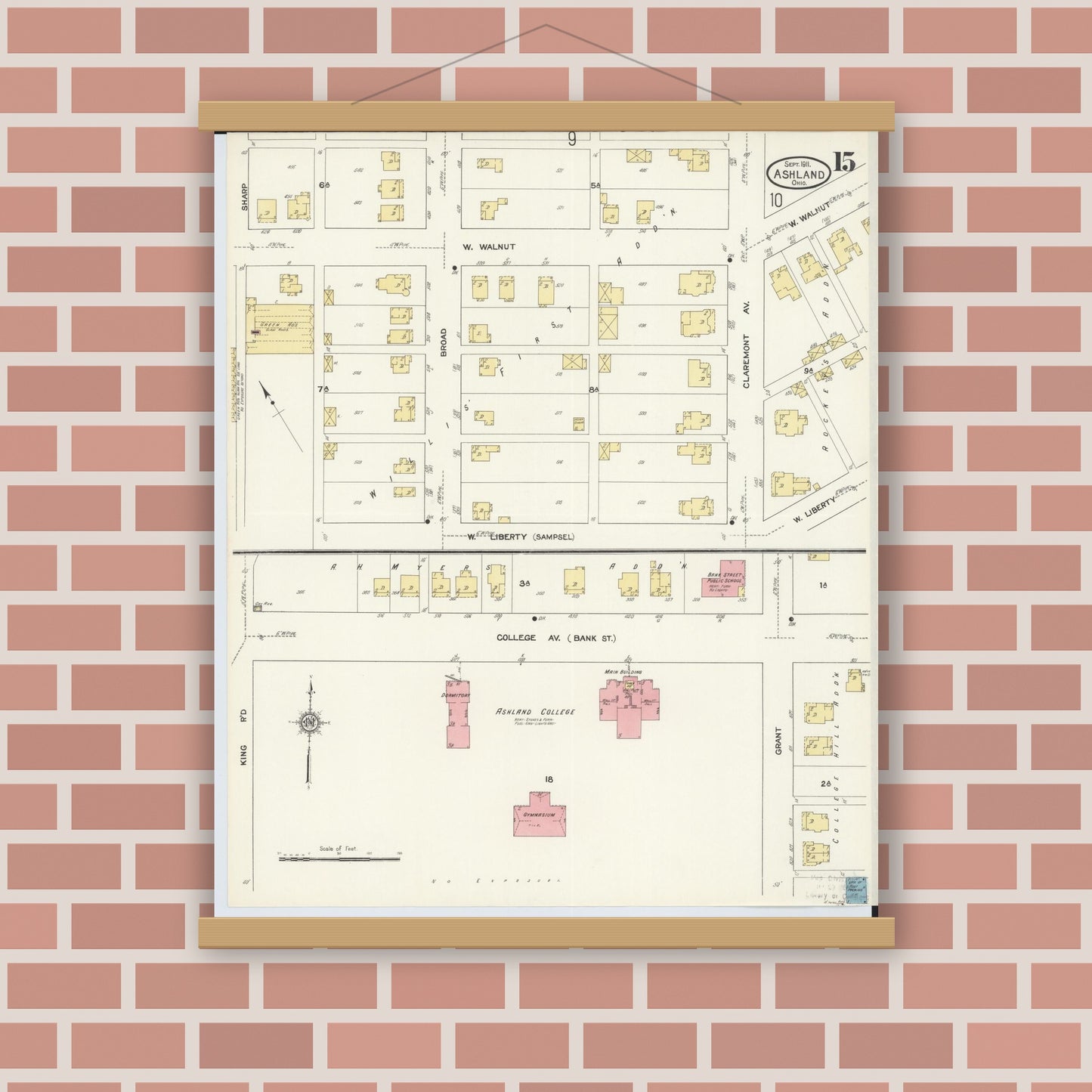Old map wall art mockup — magnetic wood frame on brick wall — Sanborn Fire Insurance Map from Ashland, Ashland County, Ohio (1911), Sheet #0015
