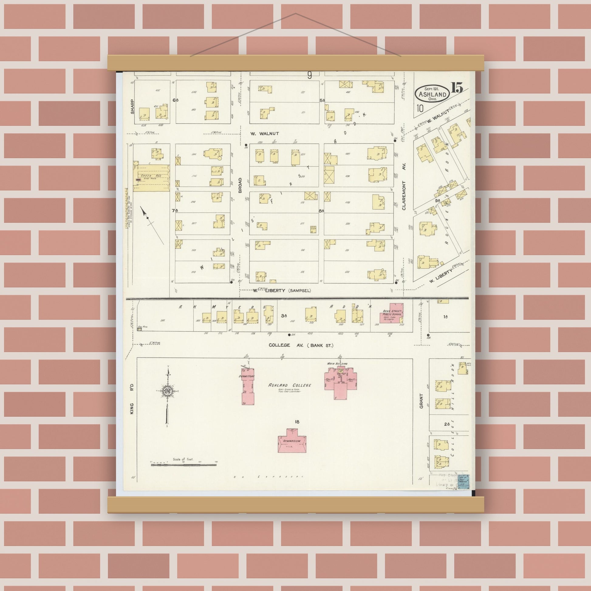 Old map wall art mockup — magnetic wood frame on brick wall — Sanborn Fire Insurance Map from Ashland, Ashland County, Ohio (1911), Sheet #0015