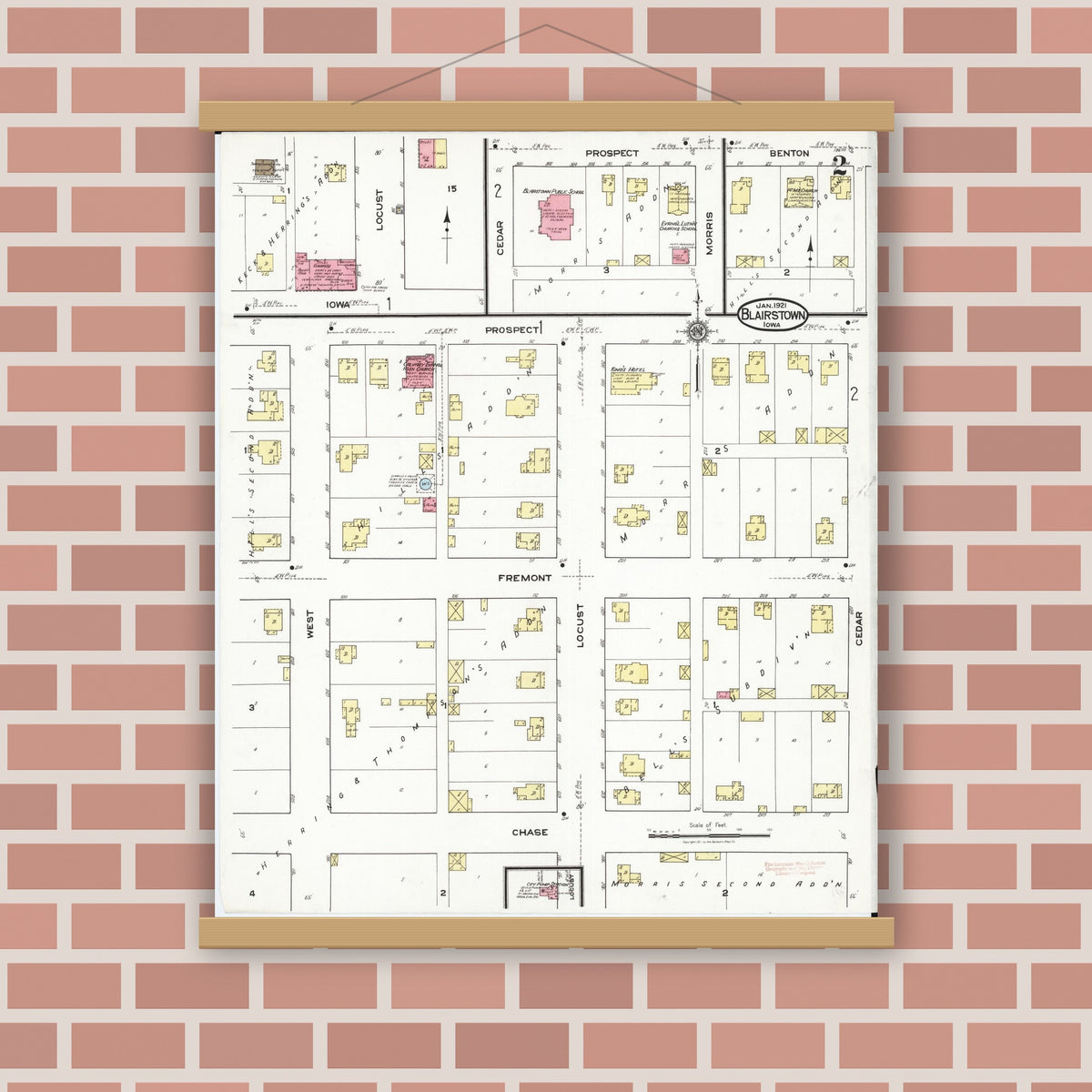 Old map wall art mockup — magnetic wood frame on brick wall — Sanborn Fire Insurance Map from Blairstown, Benton County, Iowa (1921), Sheet #0002