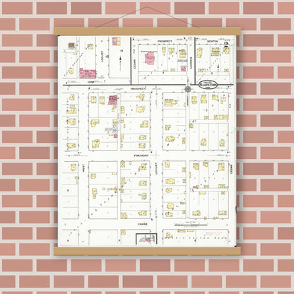 Old map wall art mockup — magnetic wood frame on brick wall — Sanborn Fire Insurance Map from Blairstown, Benton County, Iowa (1921), Sheet #0002