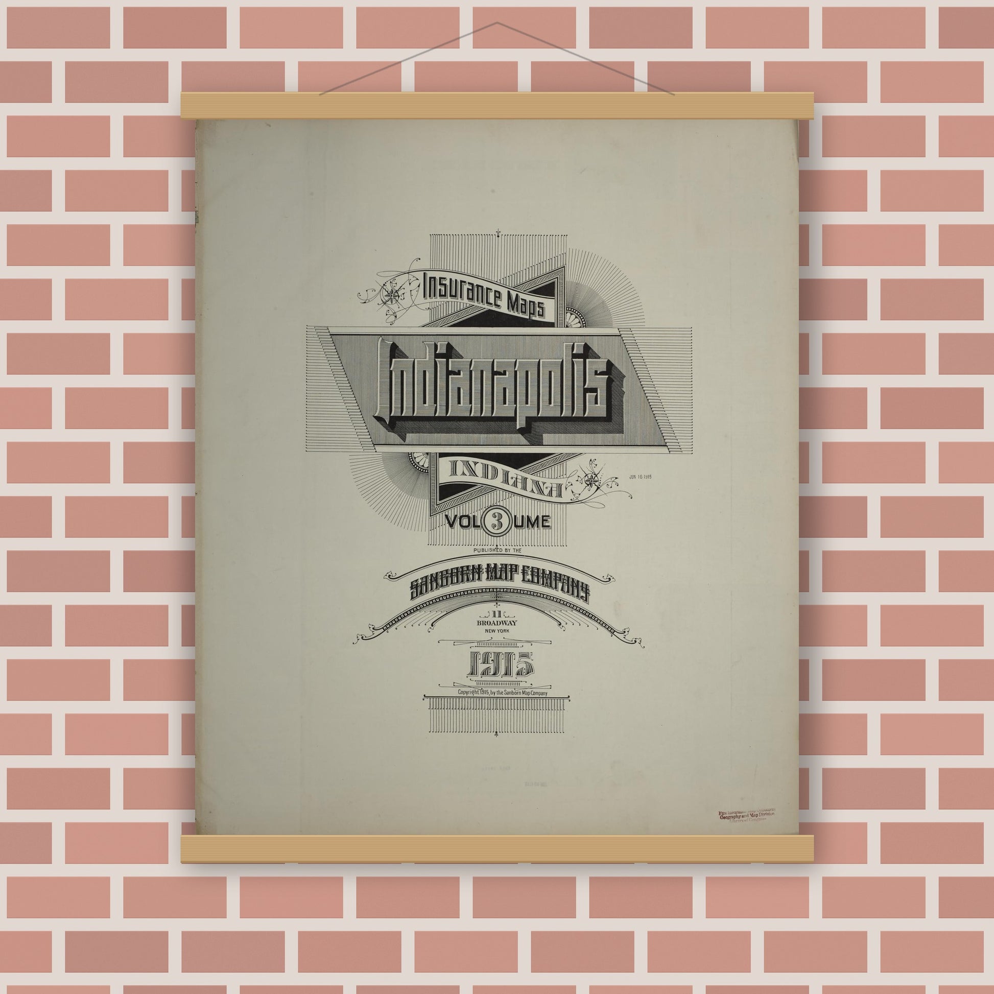 Old map wall art mockup — magnetic wood frame on brick wall — Sanborn Fire Insurance Map from Indianapolis, Marion County, Indiana (1915), Sheet #0001