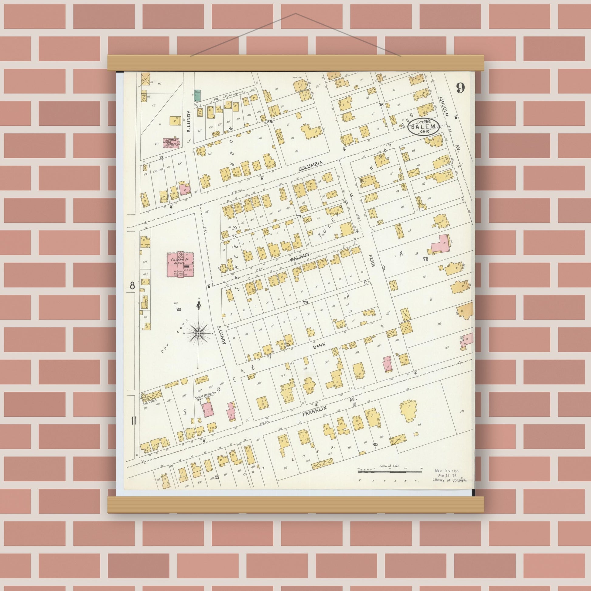 Old map wall art mockup — magnetic wood frame on brick wall — Sanborn Fire Insurance Map from Salem, Columbiana County, Ohio (1903), Sheet #0009