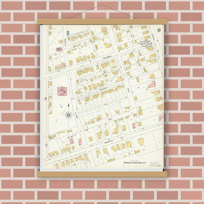 Old map wall art mockup — magnetic wood frame on brick wall — Sanborn Fire Insurance Map from Salem, Columbiana County, Ohio (1903), Sheet #0009