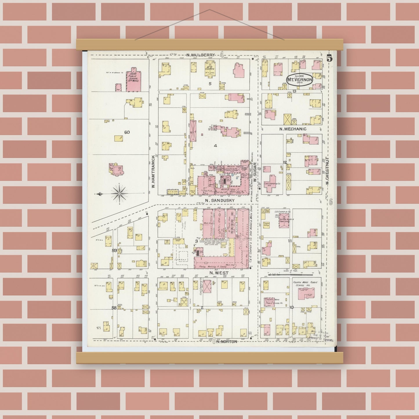 Old map wall art mockup — magnetic wood frame on brick wall — Sanborn Fire Insurance Map from Mount Vernon, Knox County, Ohio (1892), Sheet #0005