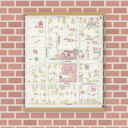 Old map wall art mockup — magnetic wood frame on brick wall — Sanborn Fire Insurance Map from Mount Vernon, Knox County, Ohio (1892), Sheet #0005
