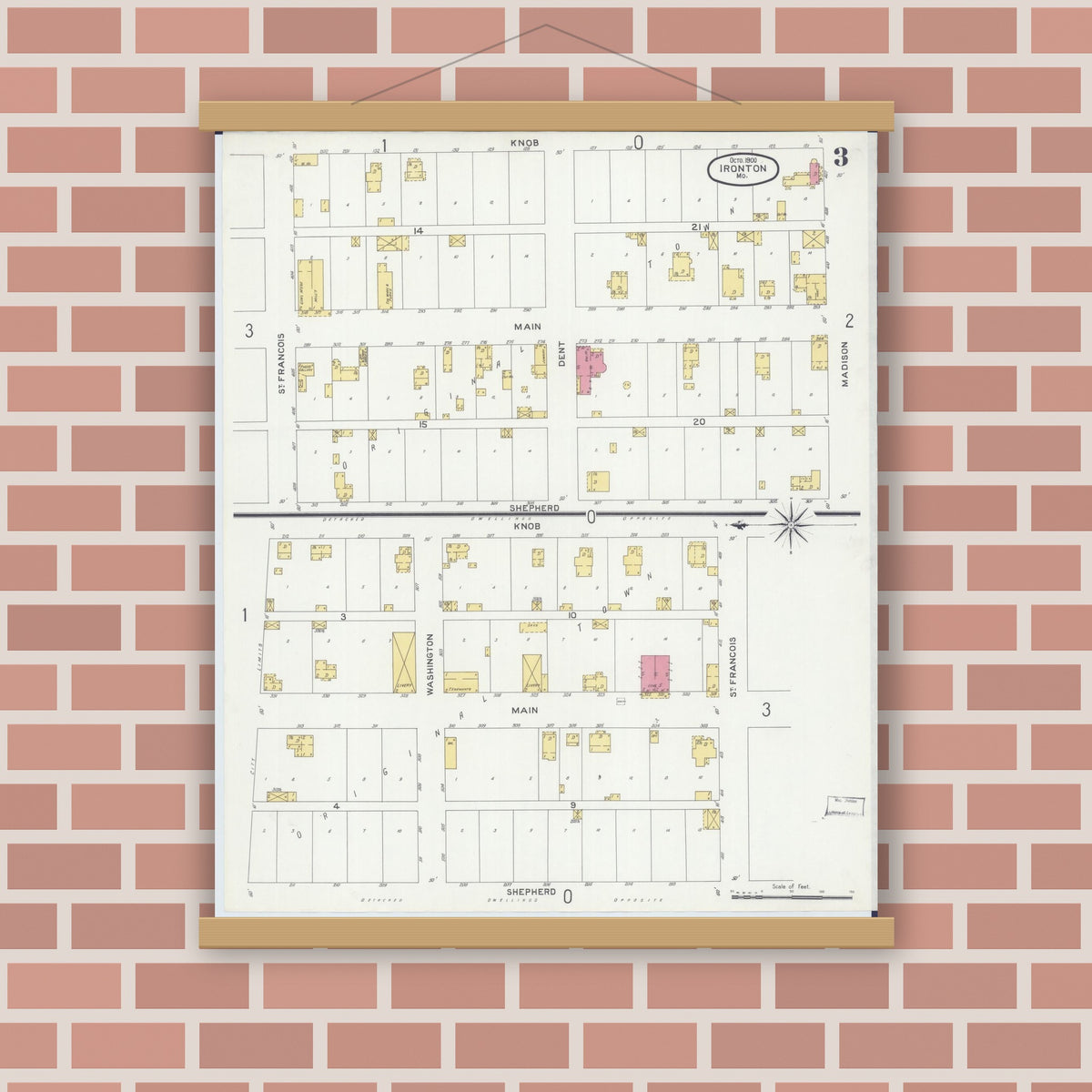 Old map wall art mockup — magnetic wood frame on brick wall — Sanborn Fire Insurance Map from Ironton, Iron County, Missouri (1900), Sheet #0003