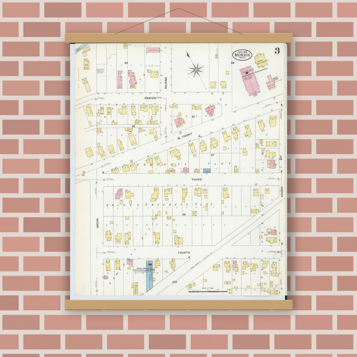 Old map wall art mockup — magnetic wood frame on brick wall — Sanborn Fire Insurance Map from Monroe, Monroe County, Michigan (1908), Sheet #0003