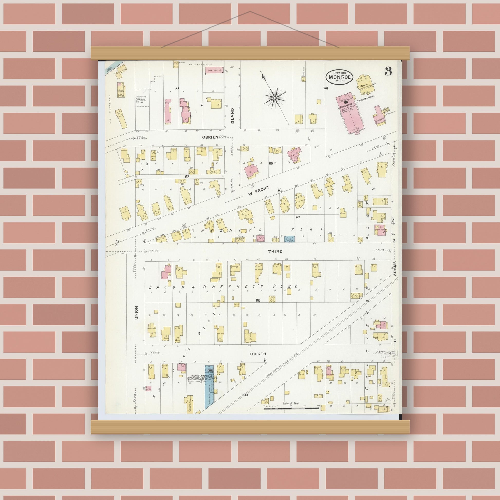 Old map wall art mockup — magnetic wood frame on brick wall — Sanborn Fire Insurance Map from Monroe, Monroe County, Michigan (1908), Sheet #0003