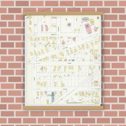 Old map wall art mockup — magnetic wood frame on brick wall — Sanborn Fire Insurance Map from Monroe, Monroe County, Michigan (1908), Sheet #0003
